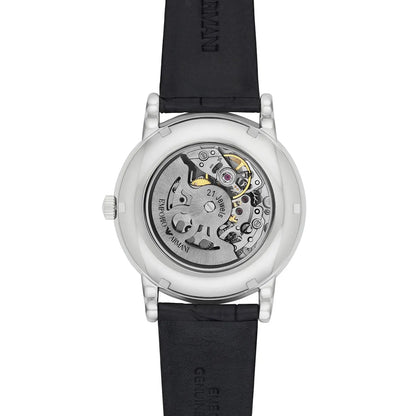 Emporio Armani AR1981 skeleton watch caseback showing visible automatic mechanical movement