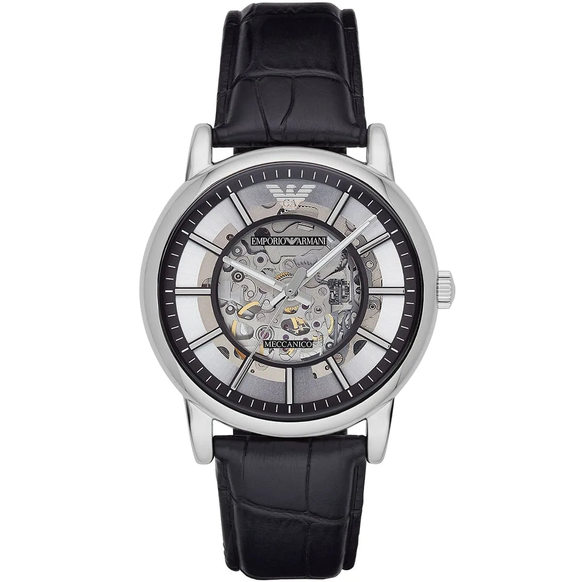 Emporio Armani Luigi AR1981 skeleton automatic watch with silver dial and black leather strap