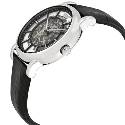 Emporio Armani Luigi AR1981 skeleton automatic watch worn on wrist with black strap
