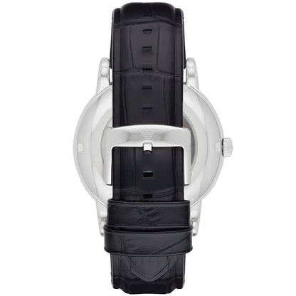Emporio Armani AR1981 watch back view showing black crocodile-embossed leather strap