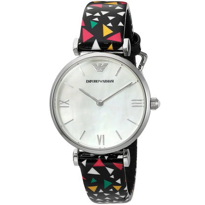Side angle view of Emporio Armani Gianni T-Bar watch showing case and colorful strap design