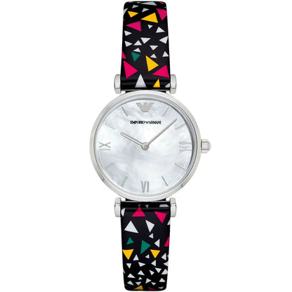 Emporio Armani Gianni T-Bar watch with mother-of-pearl dial and multicolored geometric printed leather strap