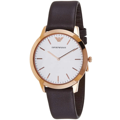 Emporio Armani AR2487 watch angled view showing white dial and brown leather strap