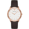 Emporio Armani AR2487 men's watch with white dial, rose gold case, and brown leather strap