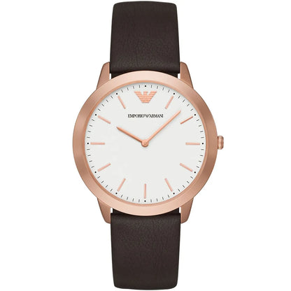 Emporio Armani AR2487 men's watch with white dial, rose gold case, and brown leather strap