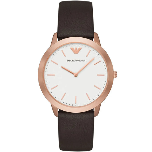 Emporio Armani AR2487 men's watch with white dial, rose gold case, and brown leather strap