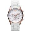 Emporio Armani AR5919 chronograph watch with white dial, rose gold case, and white silicone strap, front view