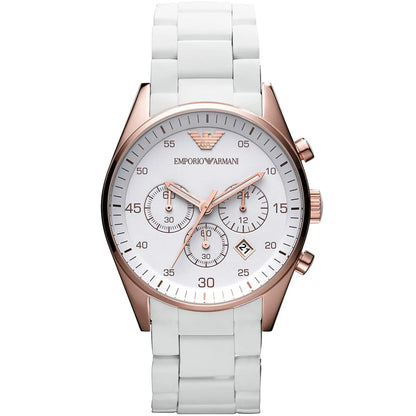 Emporio Armani AR5919 chronograph watch with white dial, rose gold case, and white silicone strap, front view
