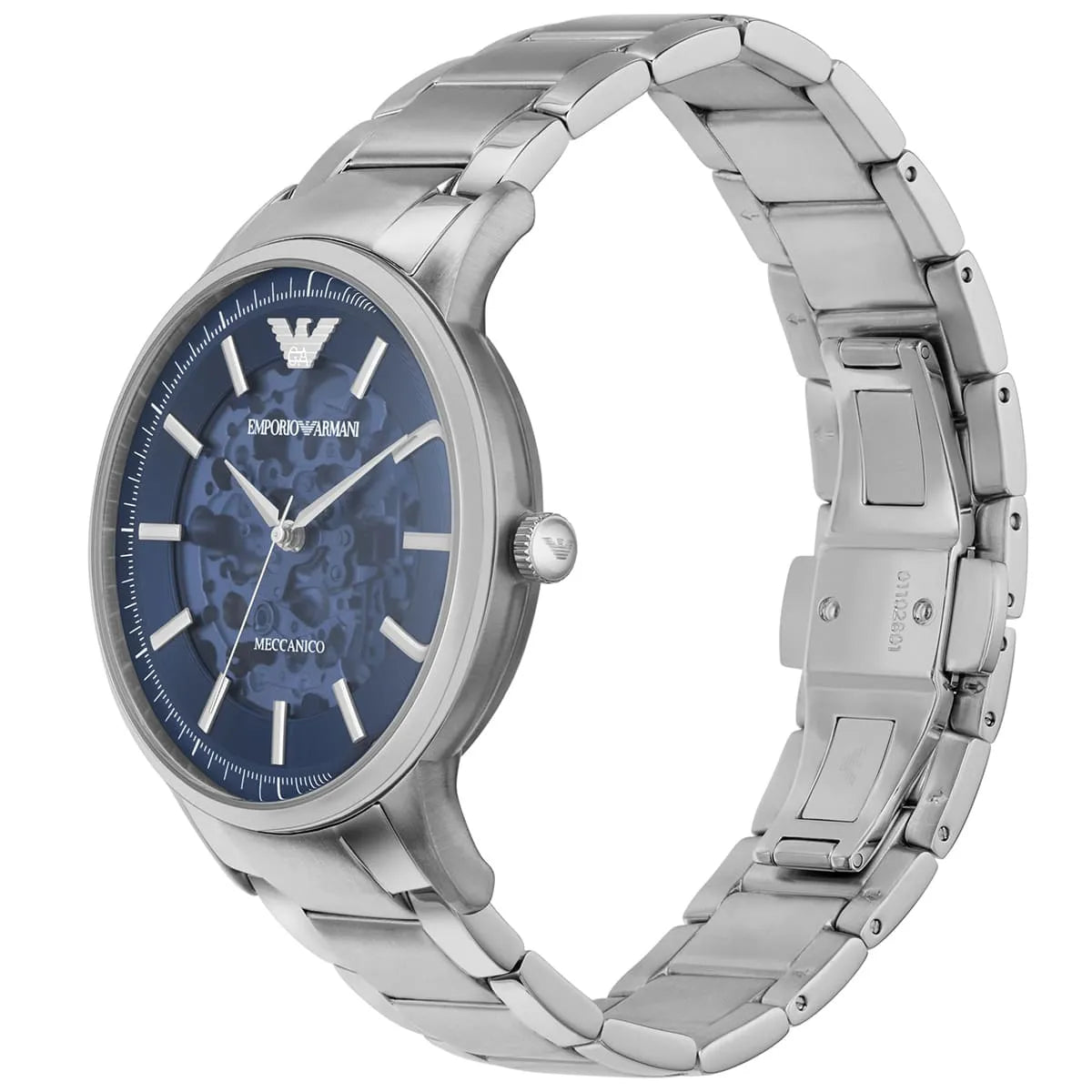 Emporio Armani Renato watch side view showing silver stainless steel case and bracelet with blue dial