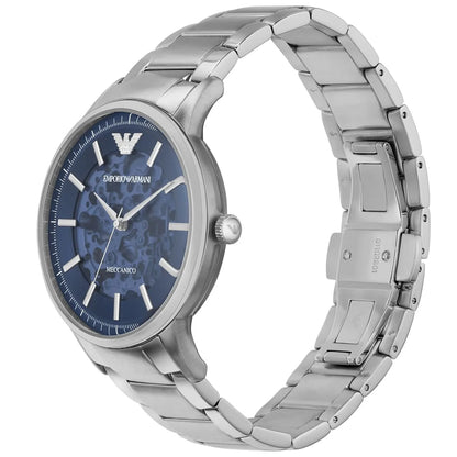Emporio Armani Renato watch side view showing silver stainless steel case and bracelet with blue dial