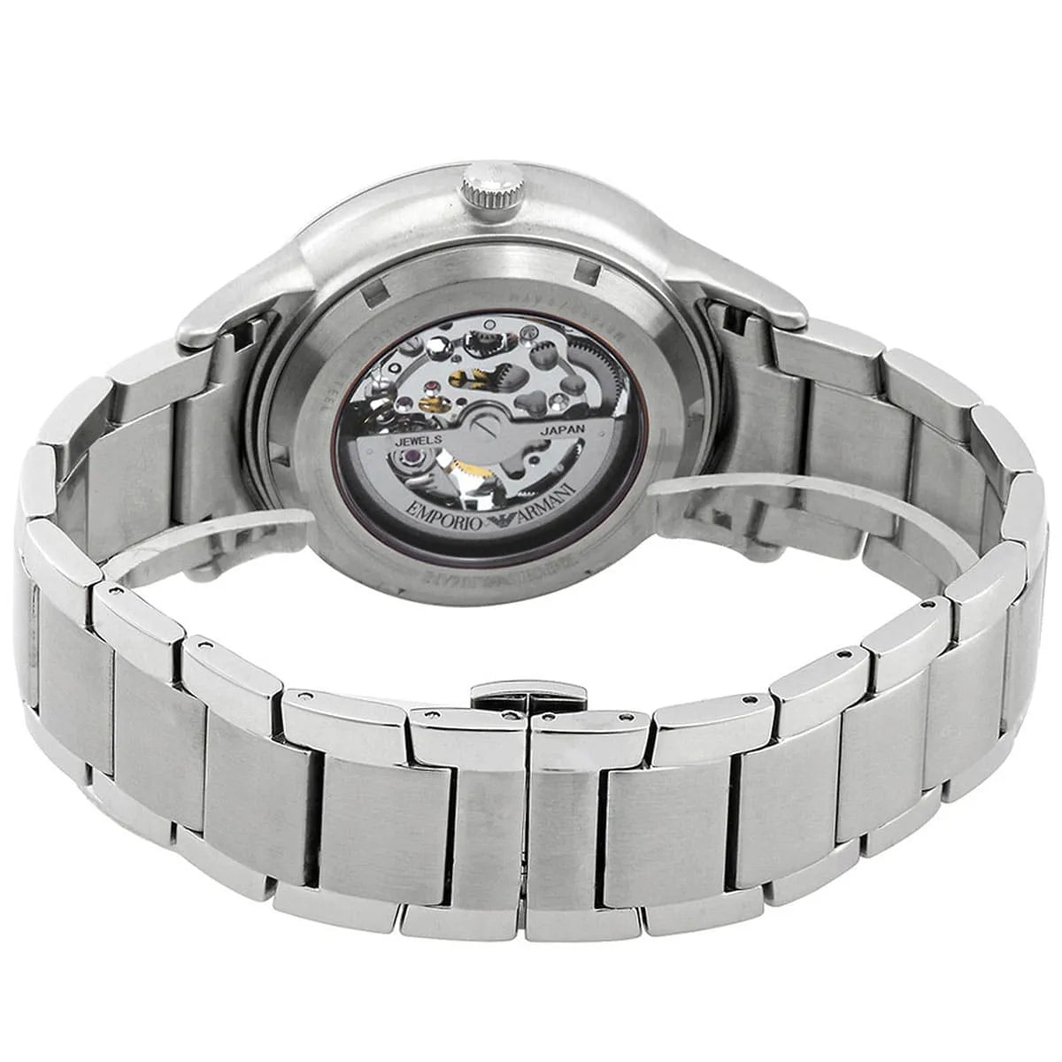 Emporio Armani Renato skeleton watch caseback displaying mechanical automatic movement
