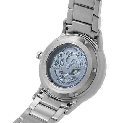 Emporio Armani Renato watch caseback showing visible automatic movement mechanism