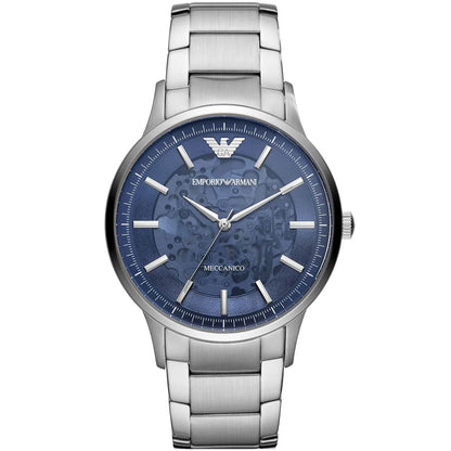 Emporio Armani Renato men's automatic watch with skeleton blue dial and silver stainless steel bracelet