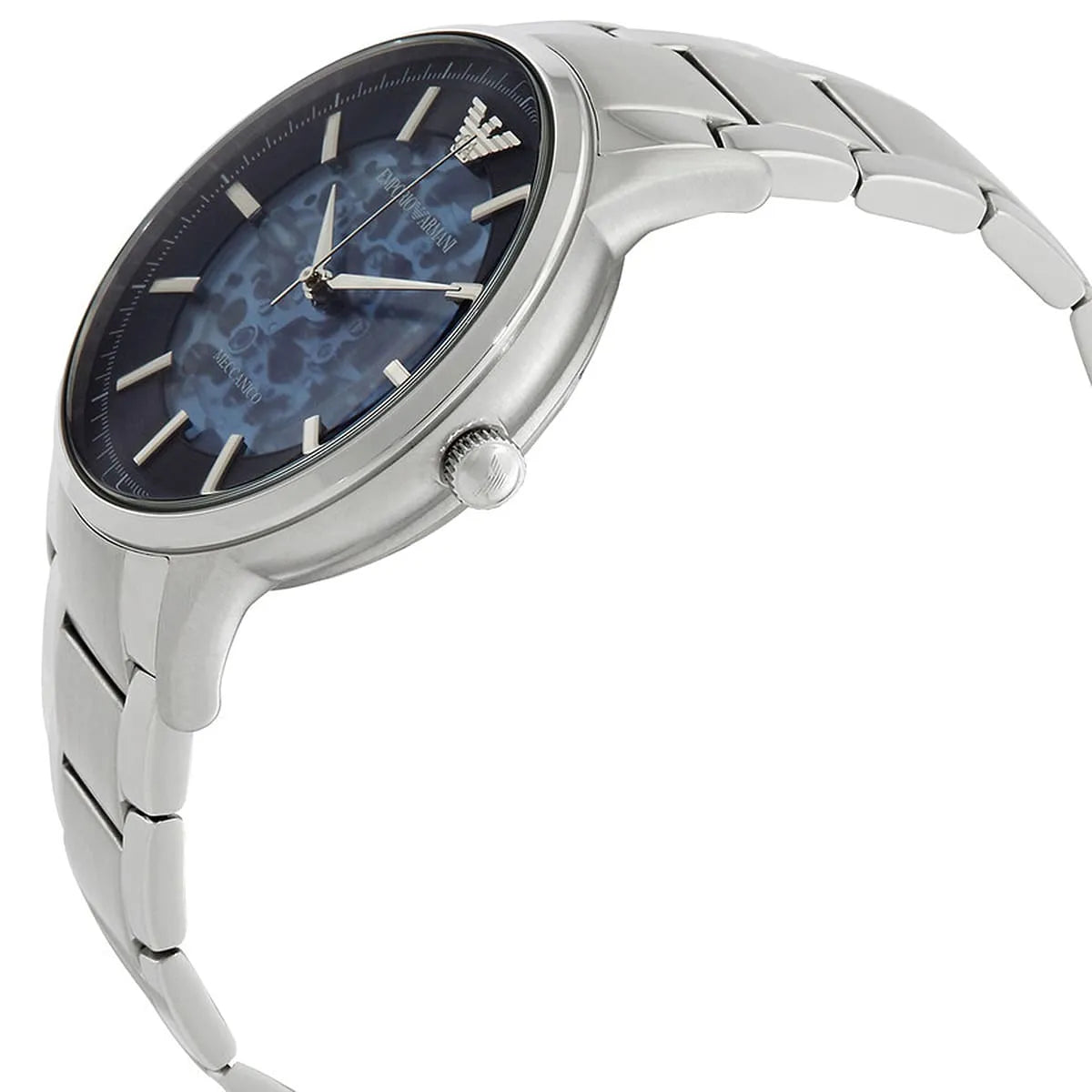 Emporio Armani Renato watch side profile displaying skeleton dial and metal bracelet