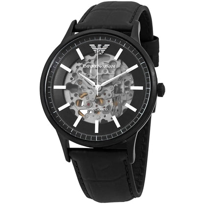 Emporio Armani Renato Automatic Skeleton Black Genuine Leather Men's Watch - AR60042