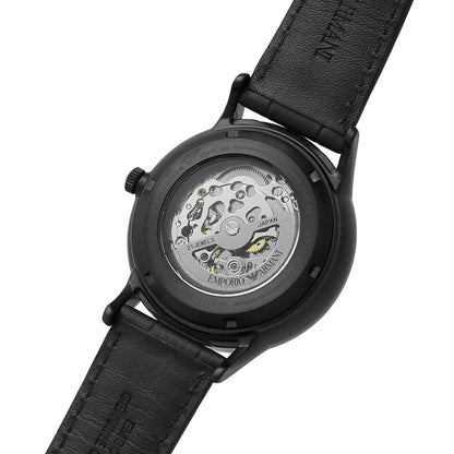 Emporio Armani Renato Automatic Skeleton Black Genuine Leather Men's Watch - AR60042