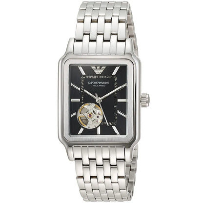 Emporio Armani Diego AR60057 watch front view with black dial, visible skeleton movement, and silver bracelet