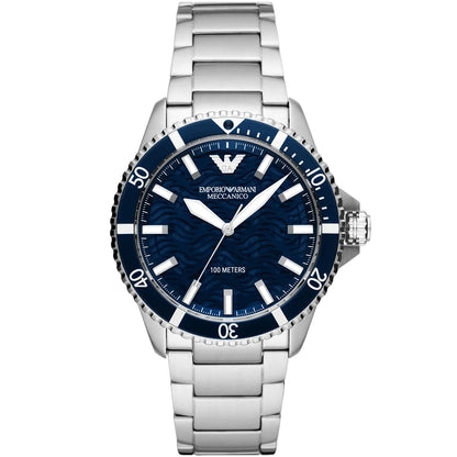 Emporio Armani Diver Automatic Uni-directional rotating blue bezel Silver Men's Watch - AR60059