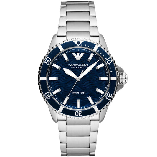 Emporio Armani Diver Automatic Uni-directional rotating blue bezel Silver Men's Watch - AR60059