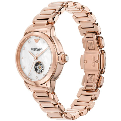 Side view of Emporio Armani Mia watch showing rose-gold bracelet and open heart dial window