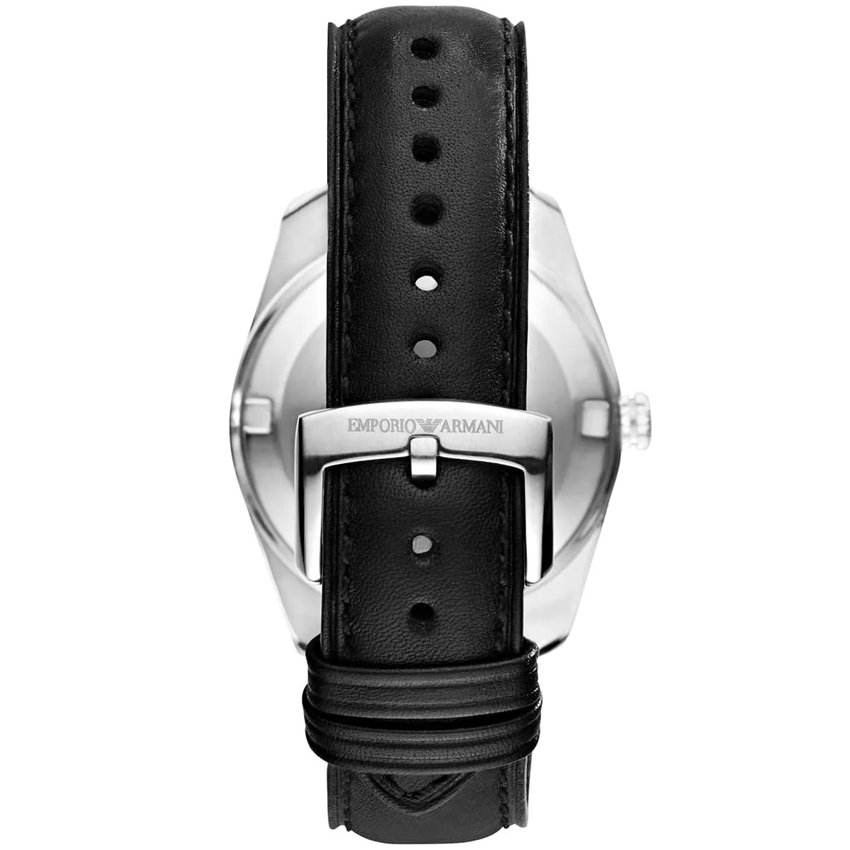 Caseback view of Emporio Armani Sportivo AR6015 with black leather strap and buckle