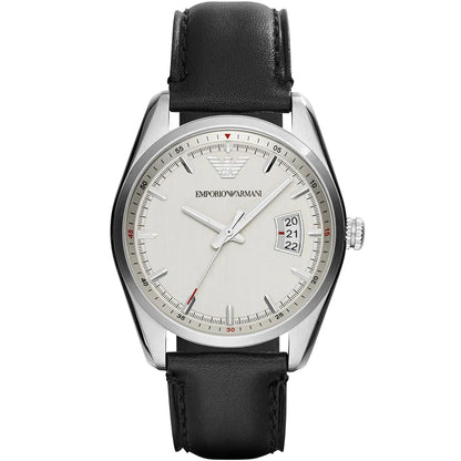 Emporio Armani Sportivo AR6015 men's watch with white dial, date window, and black leather strap