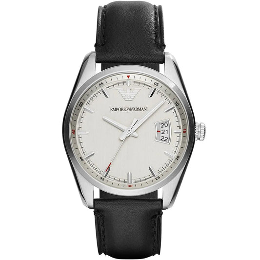 Emporio Armani Sportivo AR6015 men's watch with white dial, date window, and black leather strap