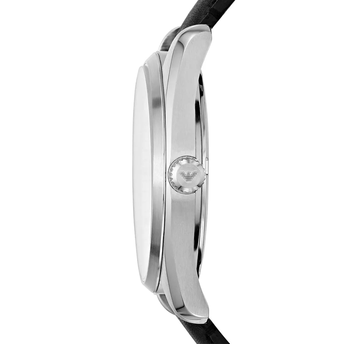 Side view of Emporio Armani Sportivo AR6015 with stainless steel case and black leather strap
