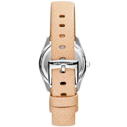 Caseback view of Emporio Armani Tazio Small AR6032 with beige saffiano leather strap and buckle