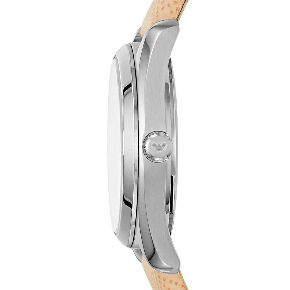 Side view of Emporio Armani Tazio Small AR6032 showing stainless steel case profile and beige leather strap