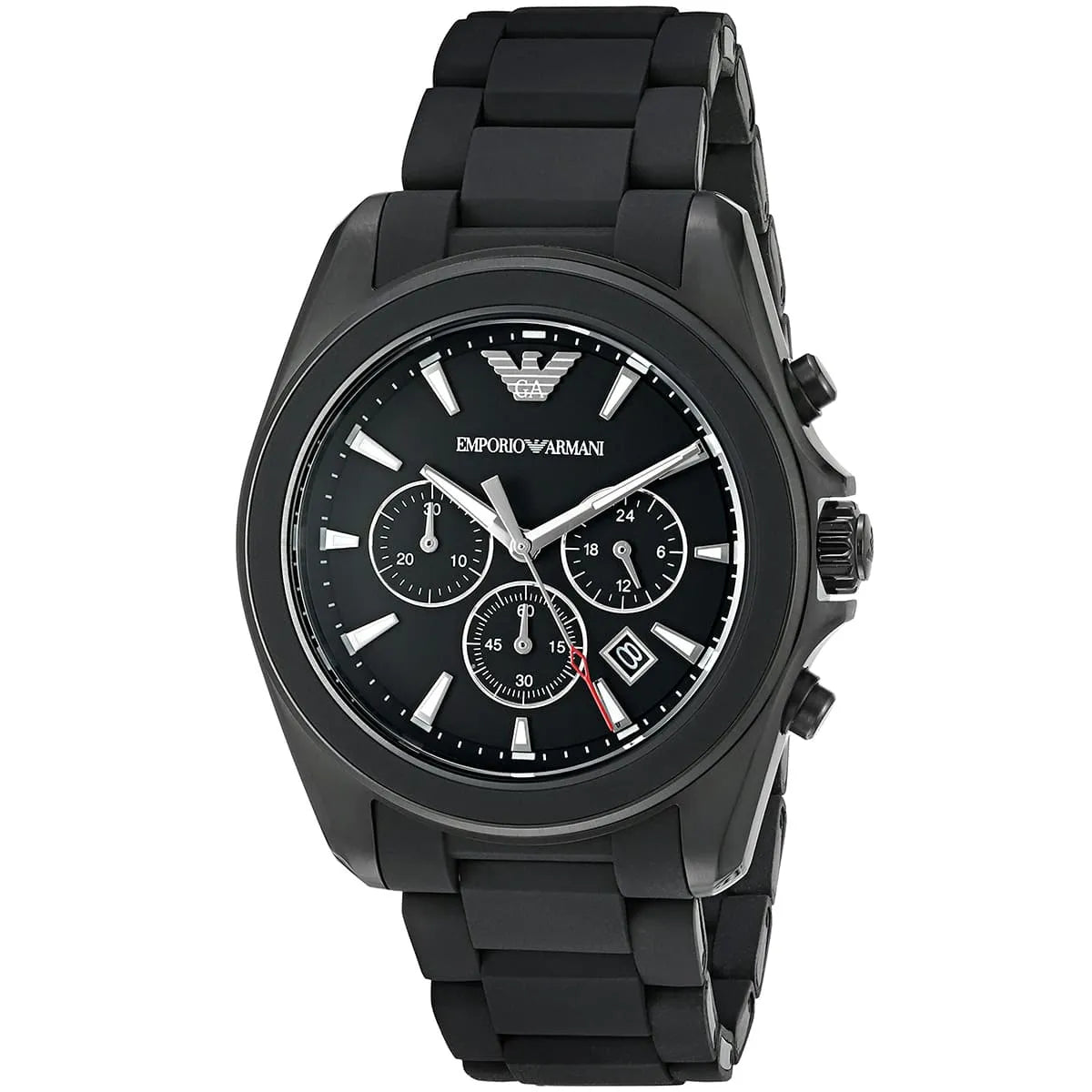 Emporio Armani Tazio Large chronograph watch angle view showing three subdials and silicone-wrapped bracelet