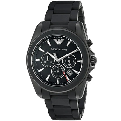 Emporio Armani Tazio Large chronograph watch angle view showing three subdials and silicone-wrapped bracelet