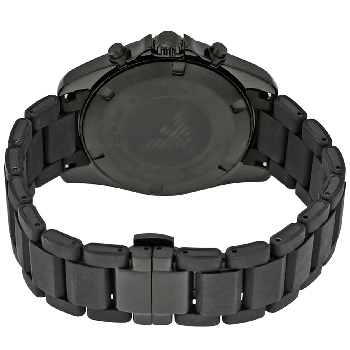 Emporio Armani Tazio Large chronograph black silicone-wrapped stainless steel bracelet rear view