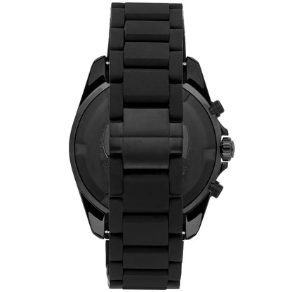 Emporio Armani Tazio Large chronograph watch caseback view from above with silicone-wrapped bracelet