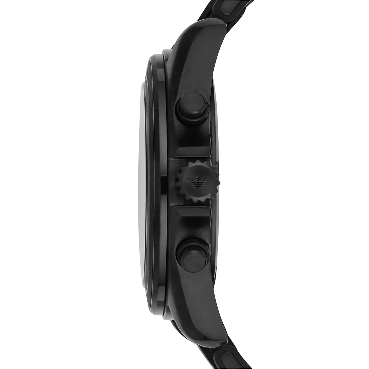 Emporio Armani Tazio Large chronograph watch side profile showing crown, pushers and bracelet thickness