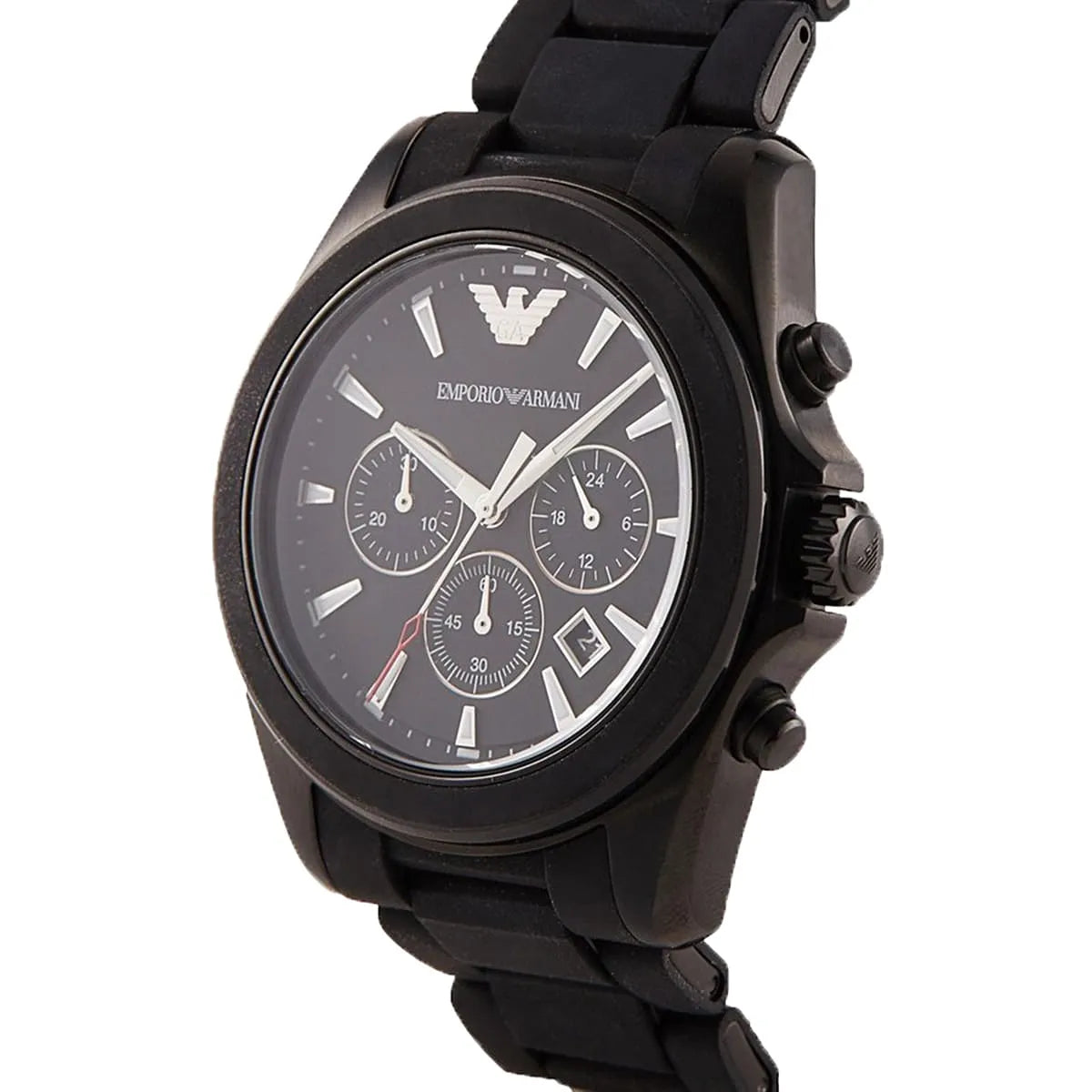 Emporio Armani Tazio Large chronograph watch side view displaying pushers and case profile