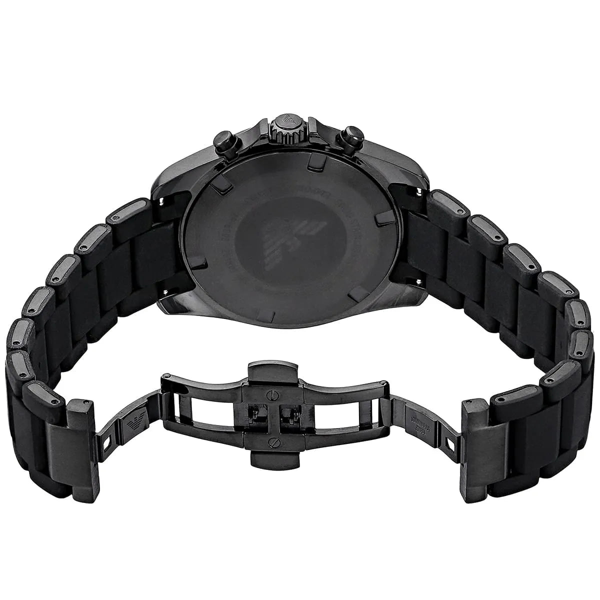 Emporio Armani Tazio Large chronograph watch caseback showing crown and pusher details with strap