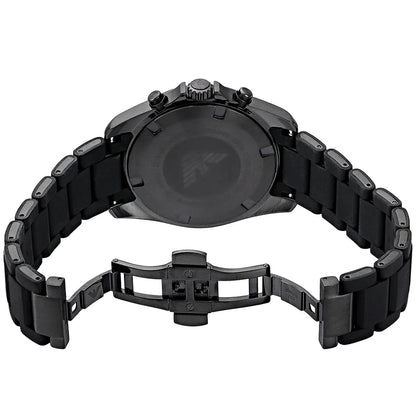 Emporio Armani Tazio Large chronograph watch caseback showing crown and pusher details with strap