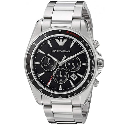 Emporio Armani Sigma chronograph watch angled view showing black dial and three subdials