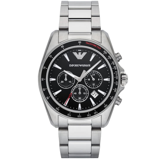 Emporio Armani Sigma chronograph watch with black dial and silver stainless steel strap