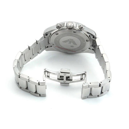 Emporio Armani Sigma watch shown with open stainless steel bracelet and clasp detail