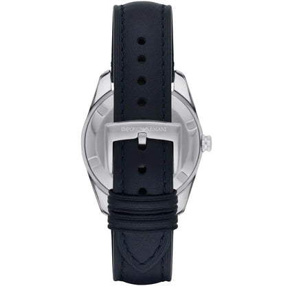Back view of Emporio Armani Tazio watch showing stainless steel caseback with engraved branding