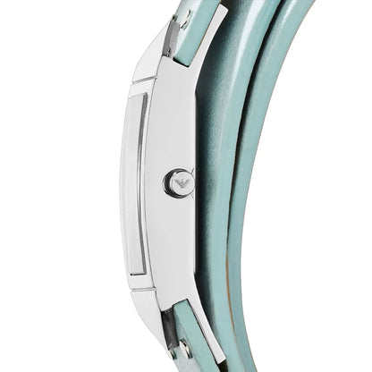 Side angle view of AR7355 Marco Catwalk watch case with white dial and blue leather strap