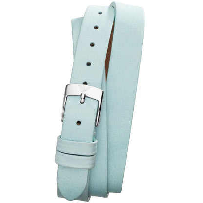 Blue genuine leather double-wrap strap with metal buckle and adjustment holes