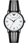 Emporio Armani Kappa men's watch with white dial, Roman numerals, black case, and black and white striped nylon strap