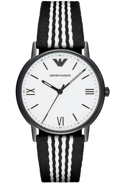 Emporio Armani Kappa men's watch with white dial, Roman numerals, black case, and black and white striped nylon strap