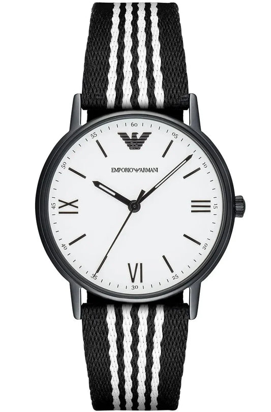 Emporio Armani Kappa men's watch with white dial, Roman numerals, black case, and black and white striped nylon strap