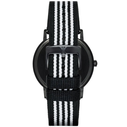 Emporio Armani Kappa watch worn on wrist displaying black and white striped nylon strap and dial