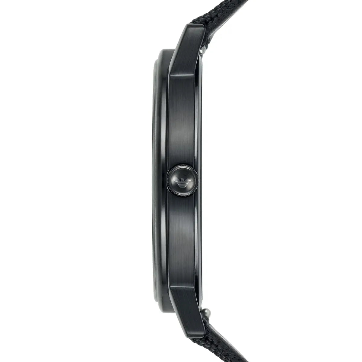 Side profile of Emporio Armani Kappa watch showing black stainless steel case and striped nylon strap