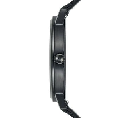 Side profile of Emporio Armani Kappa watch showing black stainless steel case and striped nylon strap